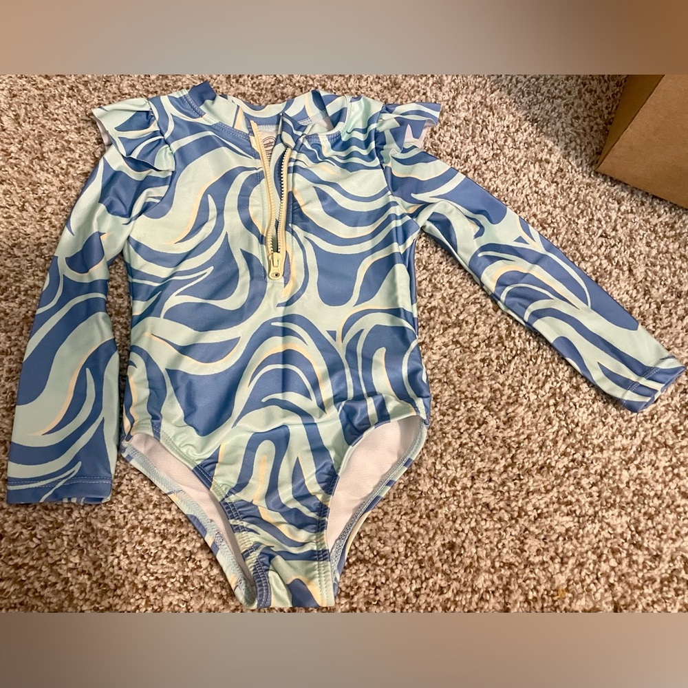 Like New! Wonder Nation- Long Sleeve One-Piece Swimsuit - Blue & Mint Wave Print